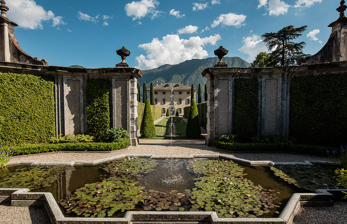 Villa Balbiano luxury property Lake Como oroginal famous provate residence cardinale Durini 17 century fountain lilies pond garden design