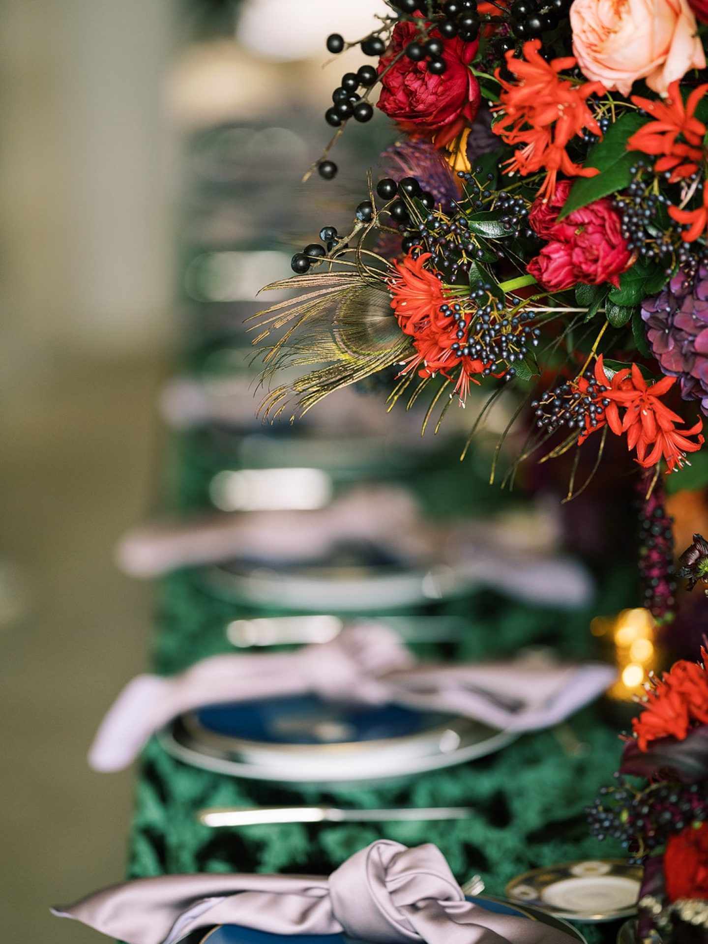 chateau de villette event venue luxury weddings indoor dinner reception green tablecloth haviland plates floral centerpiece-min