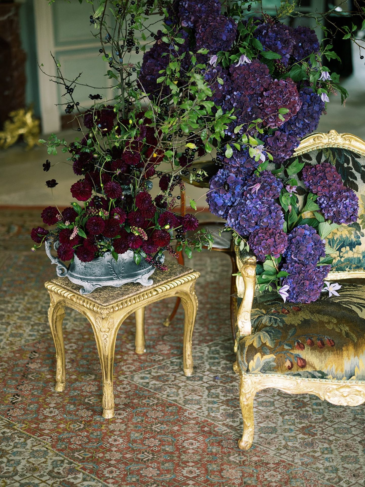 chateau de villette event venue wedding inspiration ideas grand salon red velvet purple flowers-min